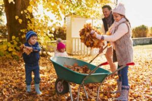 family removing dead leaves outdoor