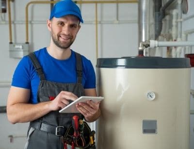 C. Woods Company plumber assessing a hot water tank in Tyler, TX